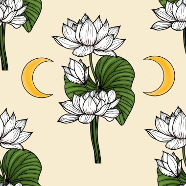Beyaz kutsal nilüfer yaprakları ve ay ile Pastel sarı arka planda büyük dikişsiz desen