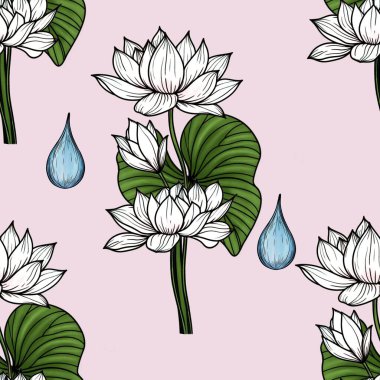 Beyaz Kutsal Lotus Yaprakları ve Su Damlaları Pastel Pembe Arkaplanda Büyük Pembe Desenli
