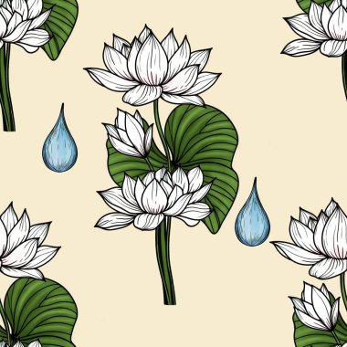 Beyaz Kutsal Lotus Yaprakları ve Su Damlaları Pastel Sarı Arkaplanda Büyük Kusursuz Desen