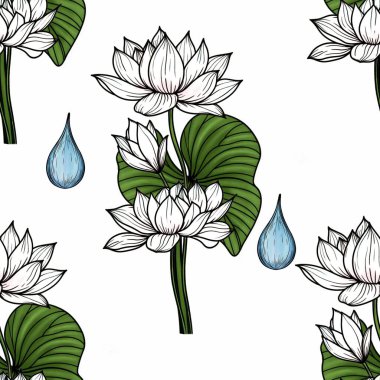 Beyaz Arkaplanda Yaprakları ve Su Düşüren Beyaz Kutsal Lotus Büyük Kusursuz Şablon