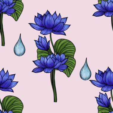 Yaprakları ve Su Damlaları ile Mavi Kutsal Lotus Pastel Pembe Arkaplanda Büyük Kusursuz Desen