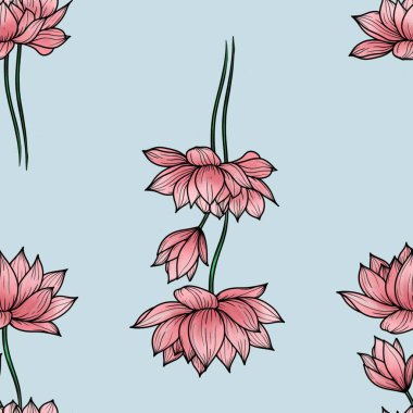 Pastel Mavi Arkaplanda Pembe Zarif Lotus Büyük Kusursuz Desen