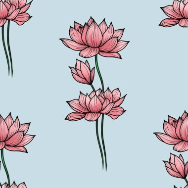 Pembe Kutsal Lotus küçük tasarım Pastel Mavi Arkaplan 'da Büyük Kusursuz Desen