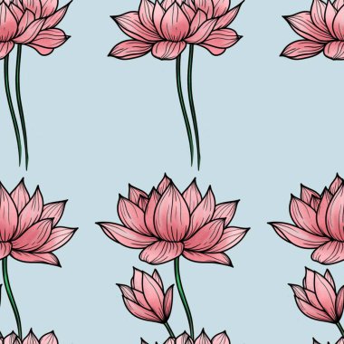 Pembe kutsal nilüfer. Pastel mavisi arka planda büyük, pürüzsüz desen.