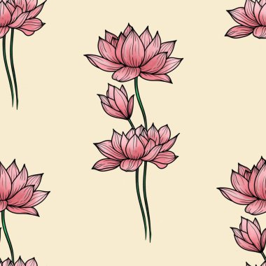 Pembe Kutsal Nilüfer Büyük Tasarım Pastel Sarı Arkaplanda Kusursuz Desen