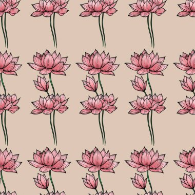 Pembe Kutsal Lotus Hattı küçük tasarım Alpin Yulaf Arkaplanındaki Küçük Kusursuz Desen