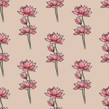 Alpin Yulaf Arkaplanında Pembe Kutsal Lotus Küçük Kusursuz Desen
