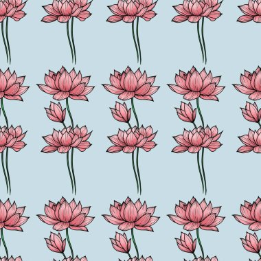 Pastel Mavi Arkaplanda Pembe Kutsal Lotus Küçük Kusursuz Desen