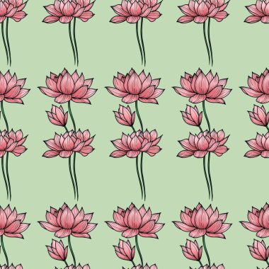 Pembe Kutsal Lotus Hattı küçük tasarım Pastel Yeşil Arkaplanda Küçük Kusursuz Desen