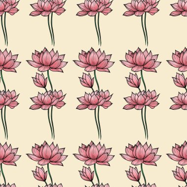 Pastel Sarı Arkaplanda Pembe Kutsal Lotus Küçük Kusursuz Desen