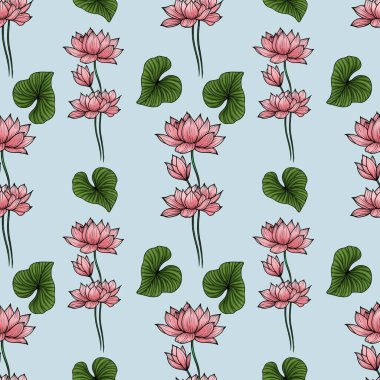 Yeşil Yapraklı Pembe Kutsal Nilüfer Pastel Mavi Arkaplanda Küçük Kusursuz Kalıp