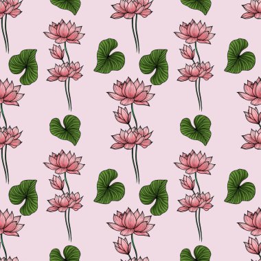 Yeşil Yapraklı Pembe Kutsal Nilüfer Pastel Pembe Arkaplanda Küçük Kusursuz Kalıp