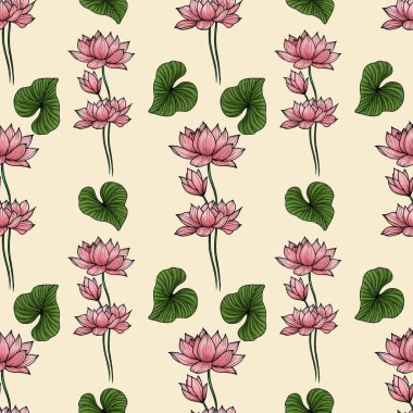 Yeşil Yapraklı Pembe Kutsal Lotus Pastel Sarı Arkaplanda Küçük Kusursuz Desen