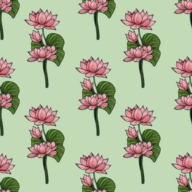 Pastel Yeşil Arkaplanda Pembe Kutsal Nilüfer Yaprakları Küçük Kusursuz Kalıplar