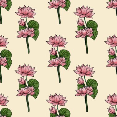 Pastel Sarı Arkaplanda Pembe Kutsal Nilüfer Yaprakları Küçük Kusursuz Kalıplı