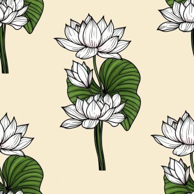 Pastel Sarı Arkaplanda Büyük Kusursuz Yapraklı Beyaz Nilüfer