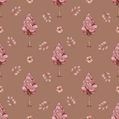 Kusursuz Şablon Şirin Pembe Ağaç ve Mocha Mousse Arkaplanda Çiçekle Yapraklar