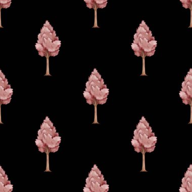 Kusursuz Şablon Siyah Arkaplanda Şirin Pembe Ağaç Küçük Tasarım