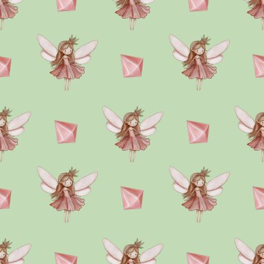 Kusursuz Desenli Şirin Peri ve Pastel Yeşil Arkaplanda Kristal Küçük Tasarım