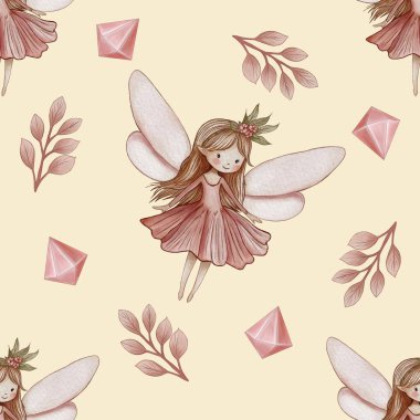 Kusursuz Şablon Şirin Peri ve Kristal Yapraklar Büyük Tasarım Pastel Sarı Arkaplan