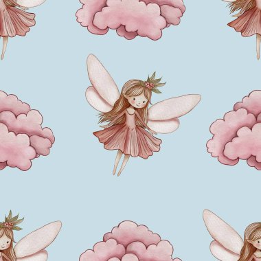 Kusursuz desenli Pembe Bulut ve Pastel Mavisi Arkaplanda Peri Büyük Tasarım