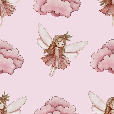 Kusursuz desenli Pembe Bulut ve Pembe Arkaplan Üzerinde Peri Büyük Tasarım