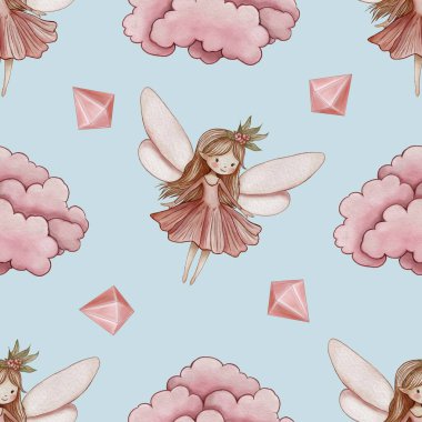 Kusursuz desenli Pembe Bulut ve Peri Kristal Büyük Tasarımlı Pastel Mavi Arkaplan
