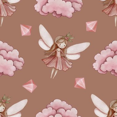 Kusursuz Şablon Şirin Pembe Bulut ve Peri Kristal Büyük Tasarım Mocha Mousse Arkaplanı