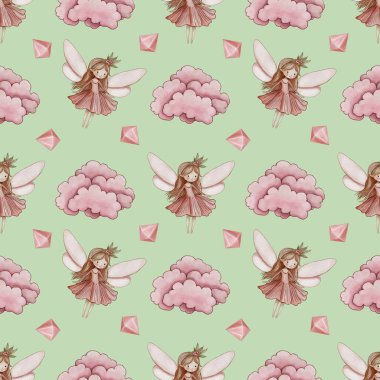 Kusursuz desenli Pembe Bulut ve Peri. Pastel Yeşil Arkaplanda Kristal Küçük Tasarım.