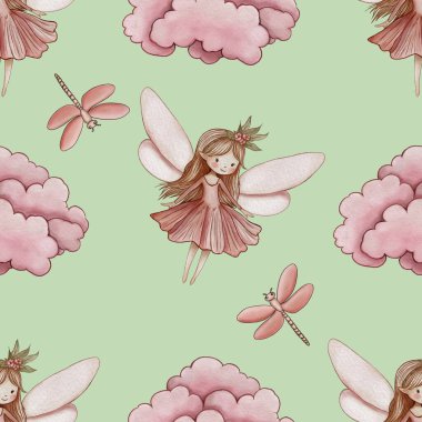 Kusursuz desenli sevimli pembe bulut ve yusufçuk sineği ile perili Pastel yeşil arka planda büyük tasarım