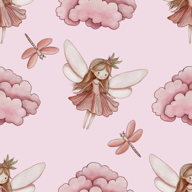 Kusursuz Şablon Şirin Pembe Bulut ve Ejderhasineği Pembe Arkaplanda Büyük Tasarım