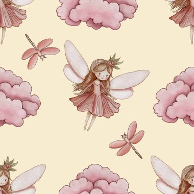 Kusursuz desenli şirin pembe bulut ve yusufçuk sineği ile perili Pastel sarı arka planda büyük tasarım