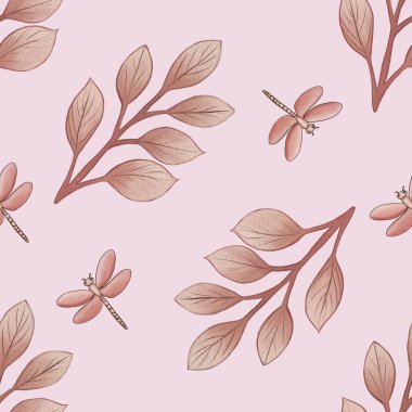 Kusursuz Şablon Şirin Pembe Yapraklar ve Ejderhasineği Pastel Pembe Arkaplanda Büyük Tasarım