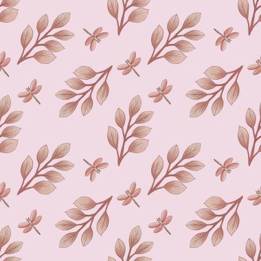 Kusursuz Şablon Şirin Pembe Yapraklar ve Pastel Pembe Arkaplanda Küçük Tasarım