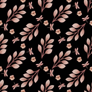 Kusursuz desenli Şirin Pembe Yapraklar ve Siyah Arkaplanda Çiçekli Küçük Tasarım