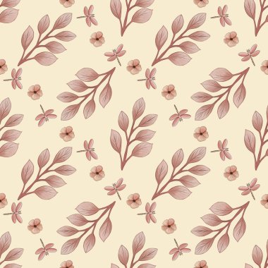 Kusursuz desenli Şirin Pembe Yapraklar ve Pastel Sarı Arkaplanda Çiçekli Yusufçuk