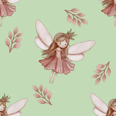 Seamless Pattern Cute Pink Leaves and Fairy on Pastel Green Background clipart