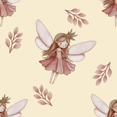 Kusursuz Pembe Yapraklar ve Pastel Sarı Arkaplan Üzerine Peri Büyük Tasarım