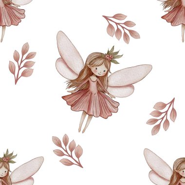 Kusursuz desenli Şirin Pembe Yapraklar ve Beyaz Arkaplanda Peri Büyük Tasarım