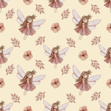 Kusursuz Desenli Şirin Pembe Yapraklar ve Pastel Sarı Arkaplanda Çiçekli Küçük Tasarım