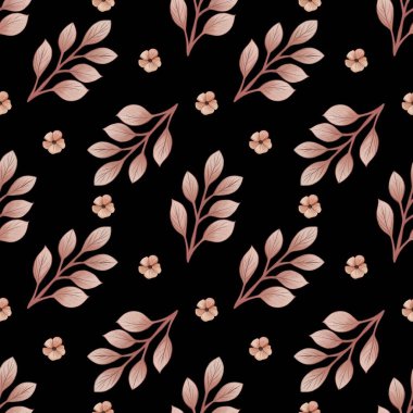 Kusursuz Desenli Şirin Pembe Yapraklar Siyah Arkaplanda Çiçekli Küçük Tasarım