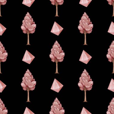 Kusursuz Desenli Şirin Pembe Ağaç ve Siyah Arkaplan Üzerine Kristal Küçük Tasarım