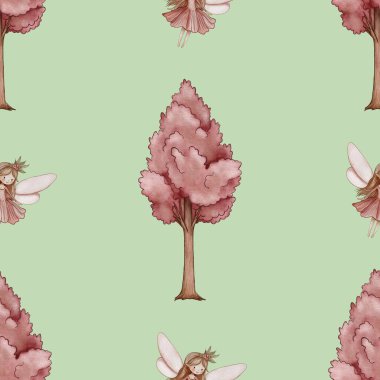 Kusursuz Şablon Şirin Pembe Ağaç ve Peri Büyük Tasarım Pastel Yeşil Arkaplanda