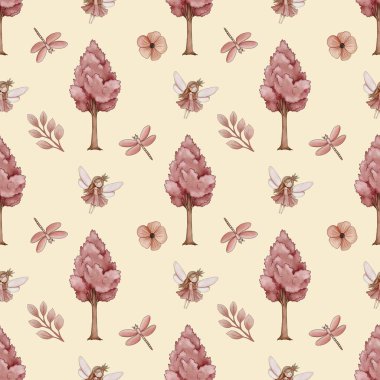 Kusursuz desenli Şirin Pembe Ağaç ve Ejderhasinekli Peri ve Pastel Sarı Arkaplanda Çiçek Küçük Tasarımı