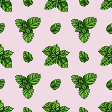 Kusursuz Desen Taze Naneli Pastel Pembe Arkaplanda Küçük Tasarım