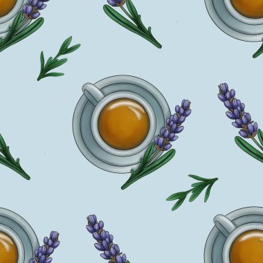 Kusursuz desenli lavanta ve lavanta çayı Pastel Mavisi Arkaplanda Büyük Tasarım