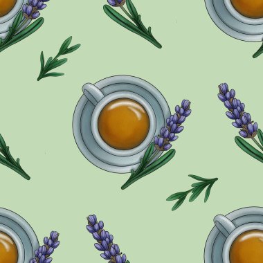 Kusursuz desenli lavanta ve lavanta çayı Pastel yeşili arka planda büyük tasarım