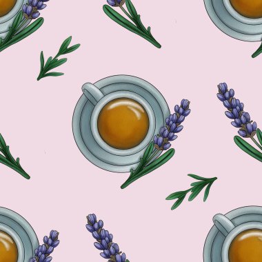 Kusursuz desenli lavanta ve lavanta çayı Pastel Pembe Arkaplanda Büyük Tasarım