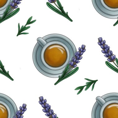Kusursuz desenli lavanta ve lavanta çayı Beyaz Arkaplanda Büyük Tasarım