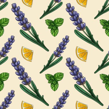 Kusursuz desenli Lavanta ve Limon Pastel Sarı Arkaplanda Naneli Küçük Tasarım